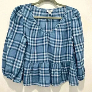 Ana Women Top Blouse SZ Small Blue Plaid Peplum Lightweight Puff Sleeve V Neck